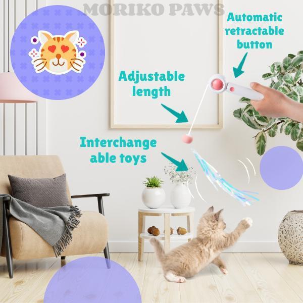 Interactive Cat toy with features highlighted, including adjustable length and interchangeable toys, in a home setting.