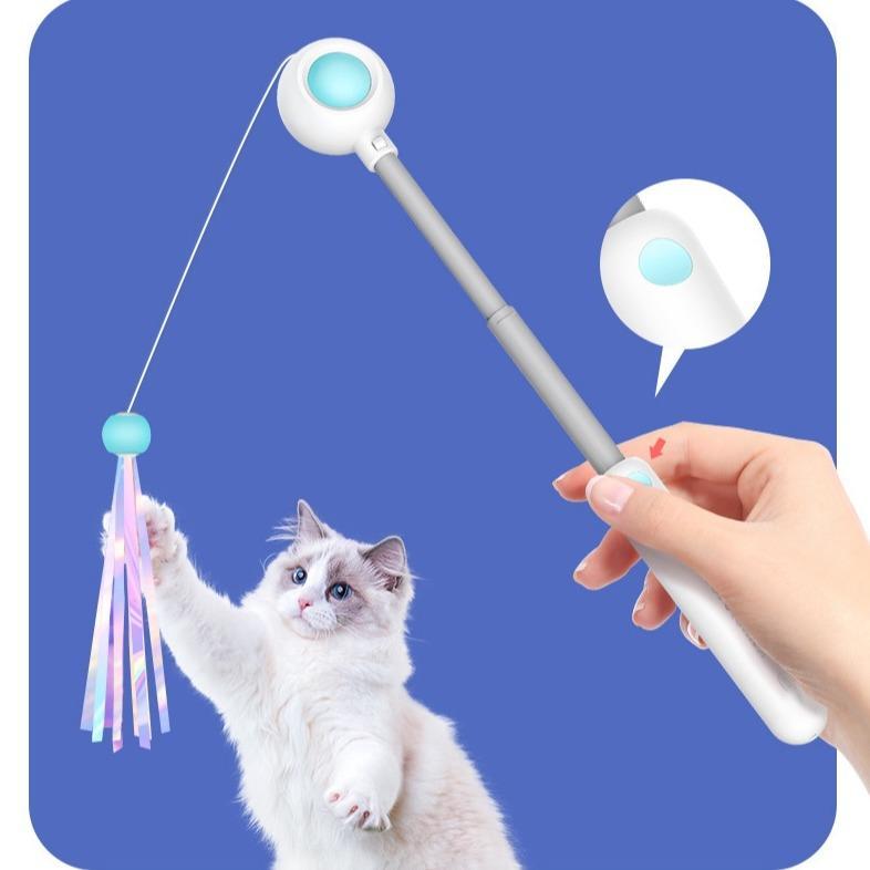 Interactive cat toy with wand and dangling colorful ribbons for playful cats