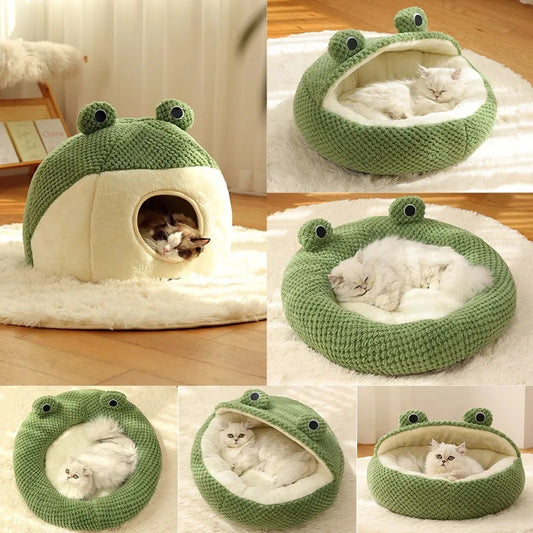 A cat lying in a Plush cat bed with multiple variations 