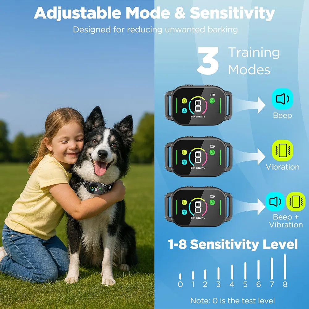 Girl hugging a dog with a Anti-Barking device for reducing unwanted barking on a grassy field.