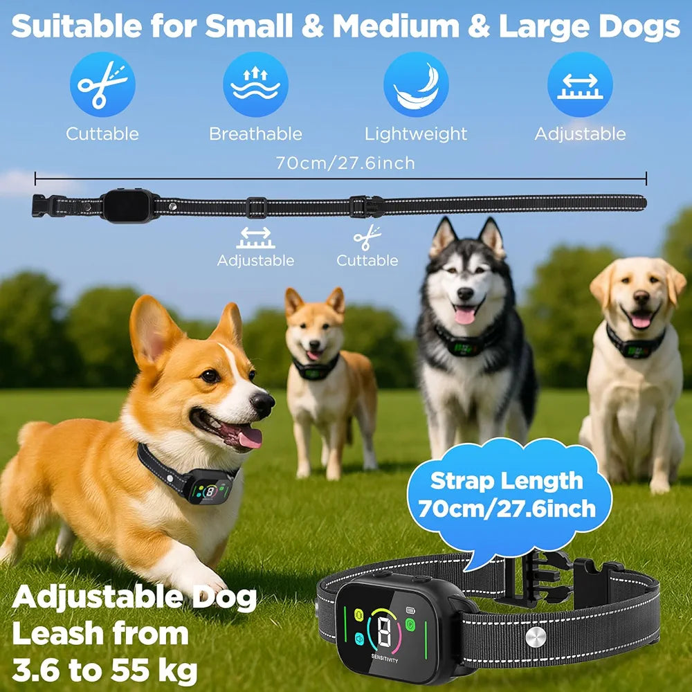 Adjustable anti barking dog collar with features highlighted on a grassy background with dogs.