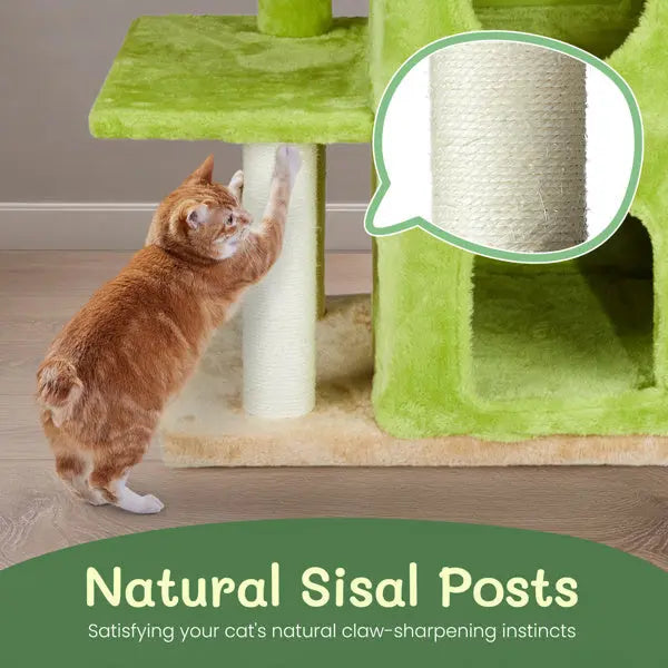 Cat climbing a green cat tree tower with sisal posts, highlighting the natural material.