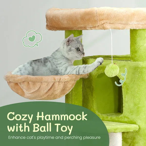 Cat playing with a ball toy on a green and beige cat tree tower 