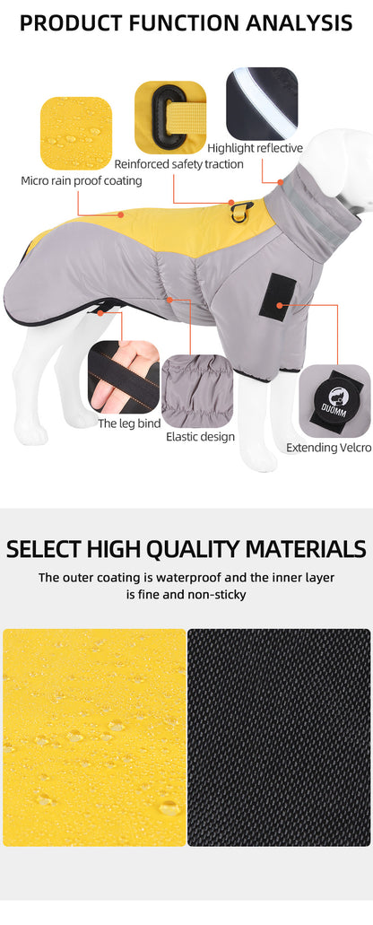 Product function analysis diagram of a dog winter coat with text and color swatches on a white background