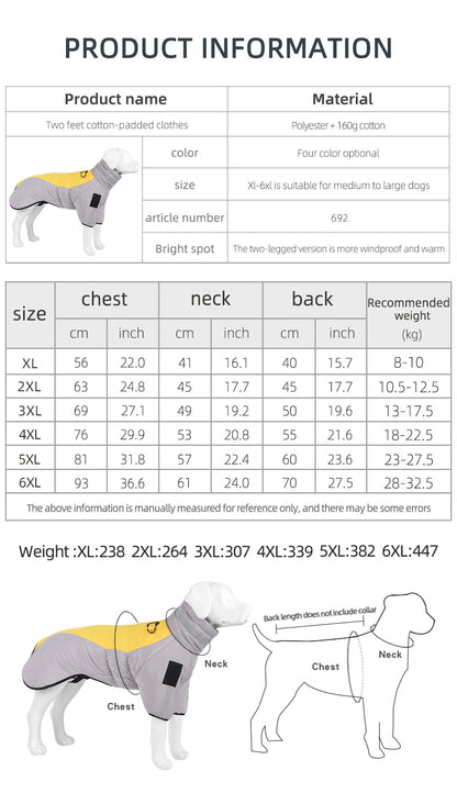 Product information chart for a dog coat with size chart and material details.