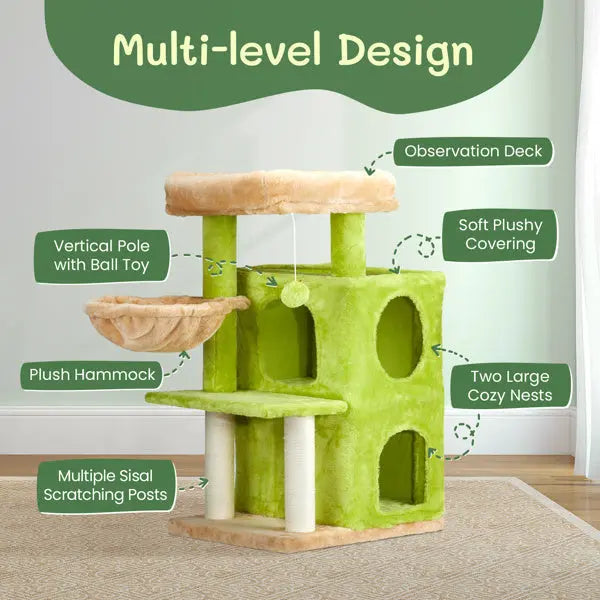 Green cat tree tower with various features labeled on a plain background