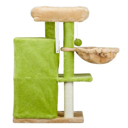 Green and beige cat tree tower with platforms and a hanging ball on a white background
