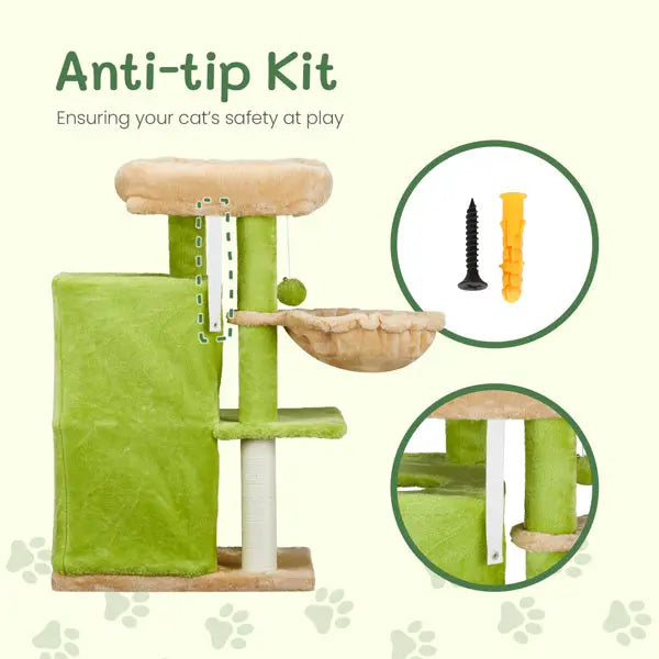 Green cat tree tower with anti-tip kit components on a light green background