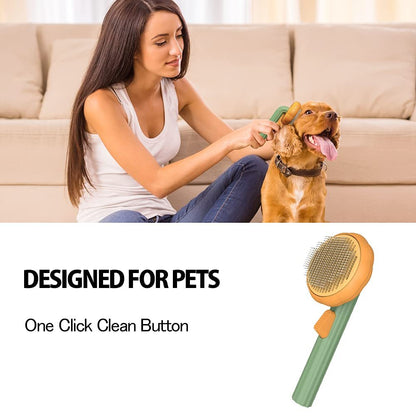 Woman grooming a dog with a pet grooming brush, followed by the grooming brush on a white background.