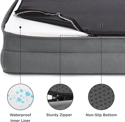 Gray orthopedic dog bed bag with waterproof inner liner, sturdy zipper, and non-slip bottom features.
