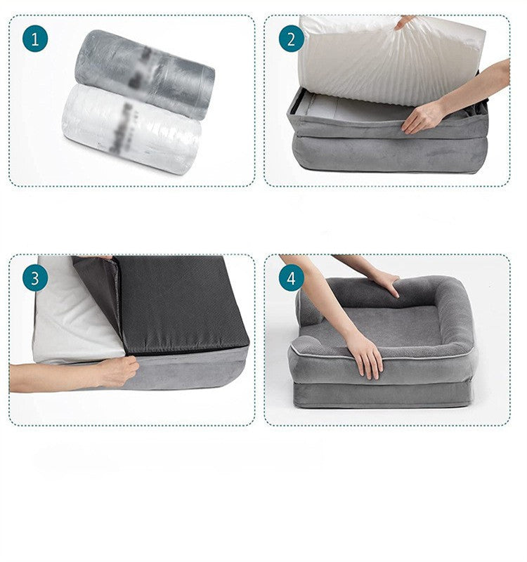 Step-by-step assembly of a gray Orthopedic Dog Bed with packaging and inflation process.