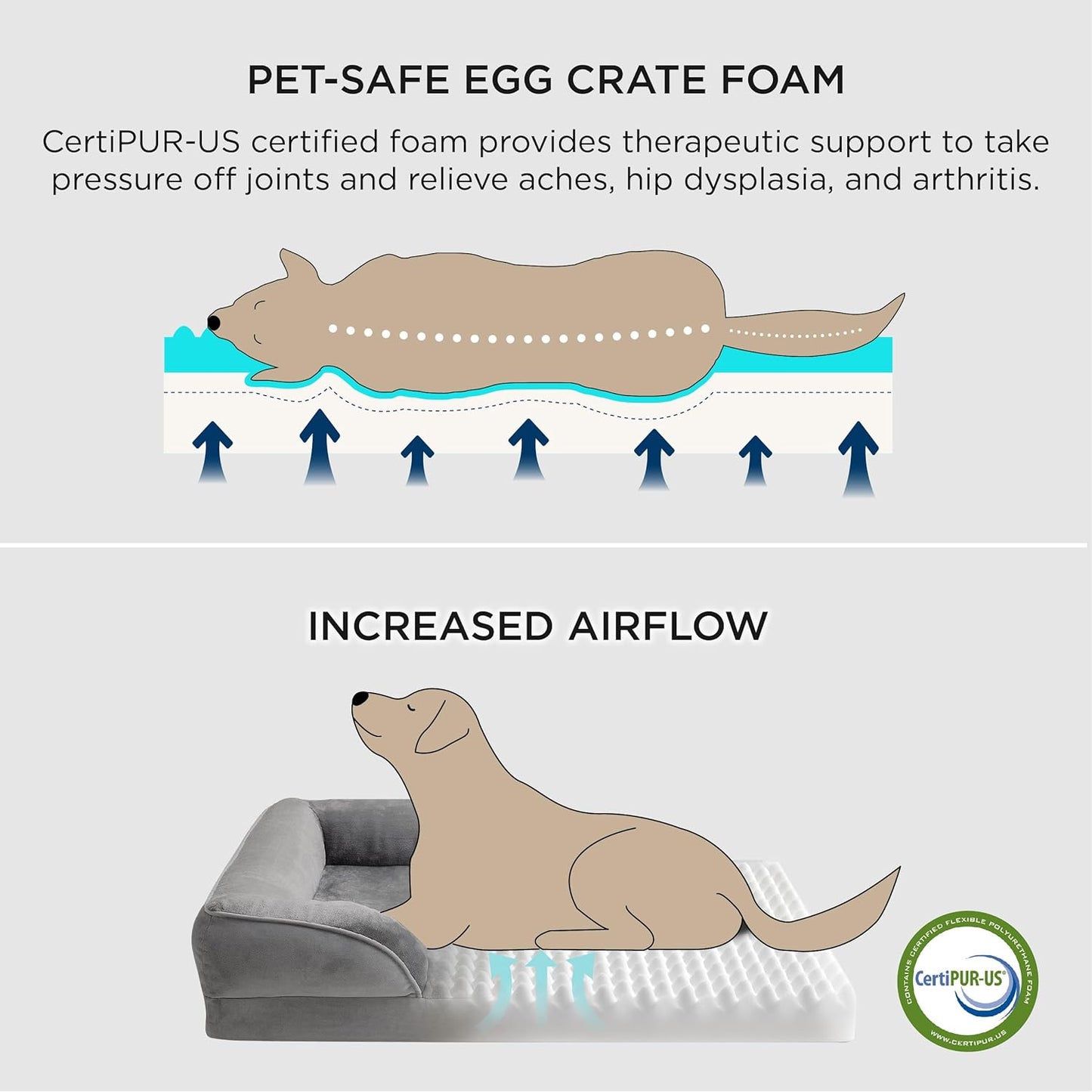 Pet-safe egg crate foam with CertiPUR-US certification for therapeutic support and increased airflow.