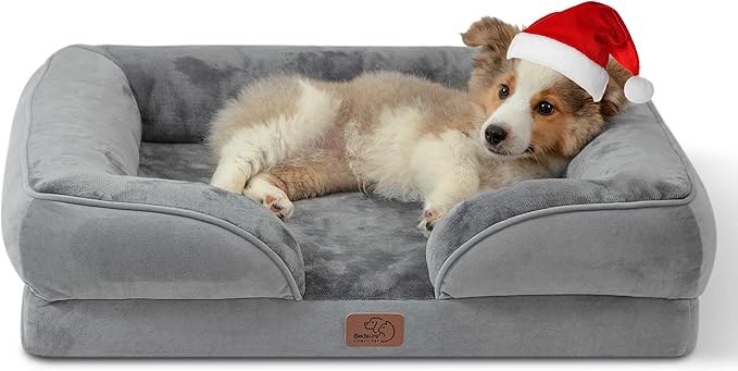 Dog lying on a gray pet bed wearing a Santa hat.