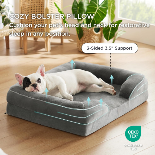 Dog lying on a gray cozy bolster pillow with text highlighting its features.