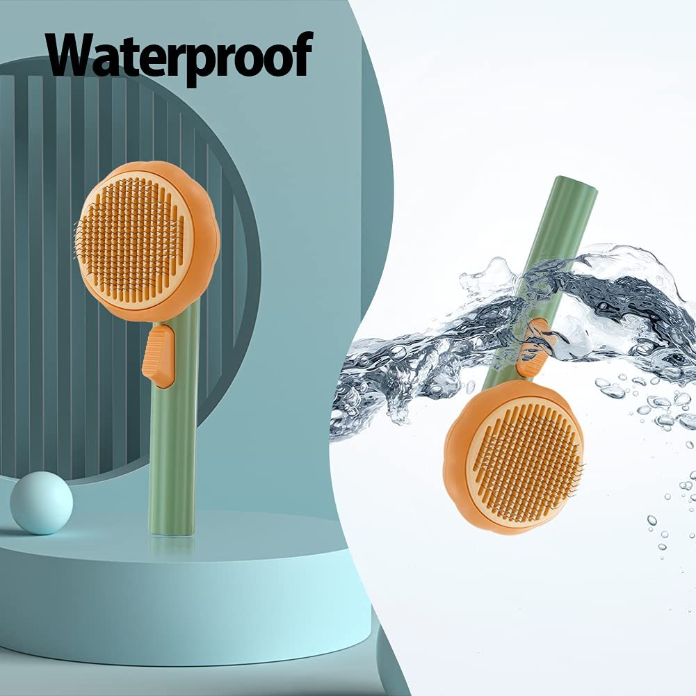 Two Pet grooming brushes with water splashing around them, labeled 'Waterproof'.