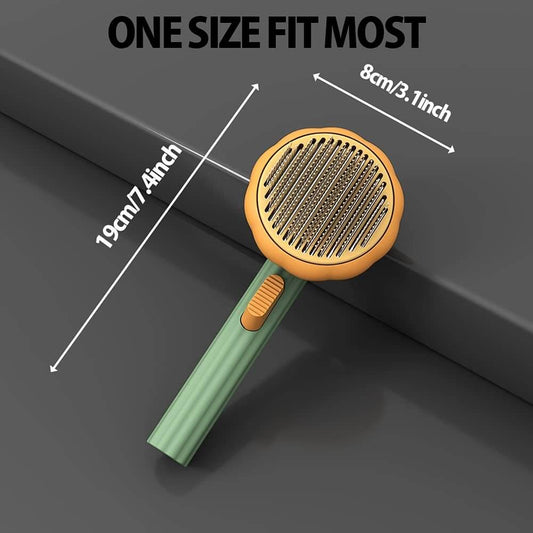 Pet grooming brush with measurements on a dark background