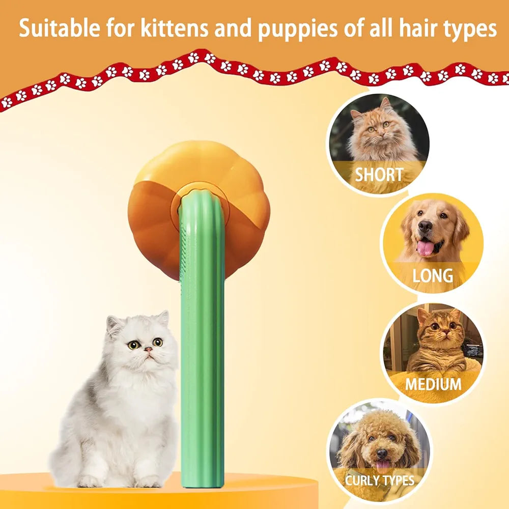 Pet grooming brush suitable for various hair types of cats and dogs with text and images on a yellow background.