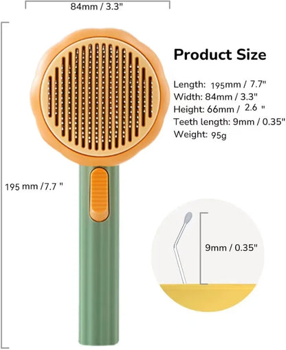 Pet grooming brush with measurements on a white background