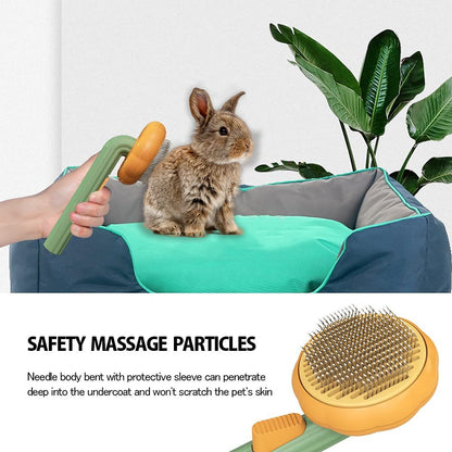 Pet grooming tool with a rabbit on a cushion, safety massage particles highlighted.