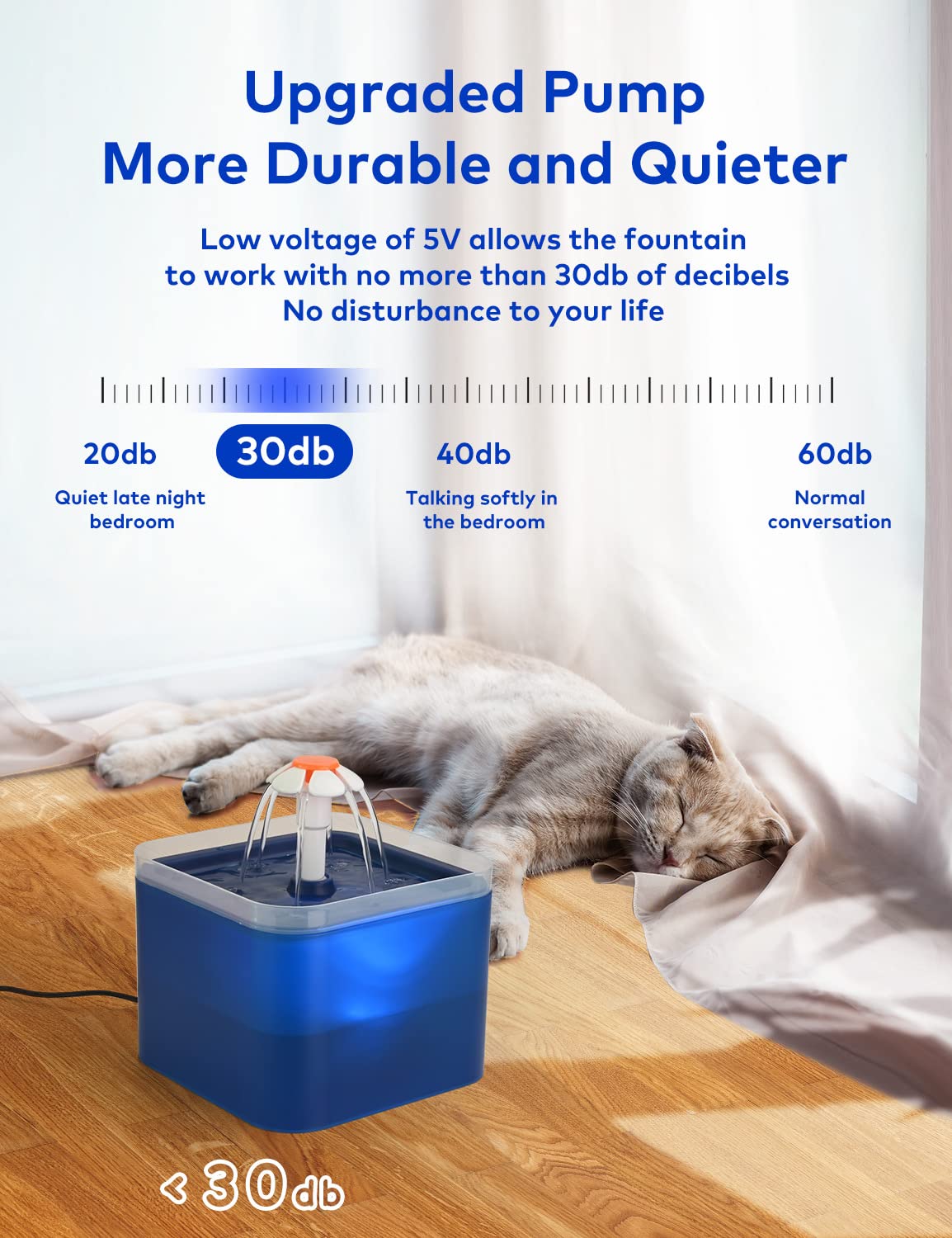 Pet water fountain with sleeping dog in a bedroom setting, highlighting its low noise level.