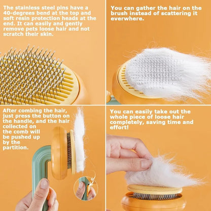 Product features of a grooming brush with text on an orange background