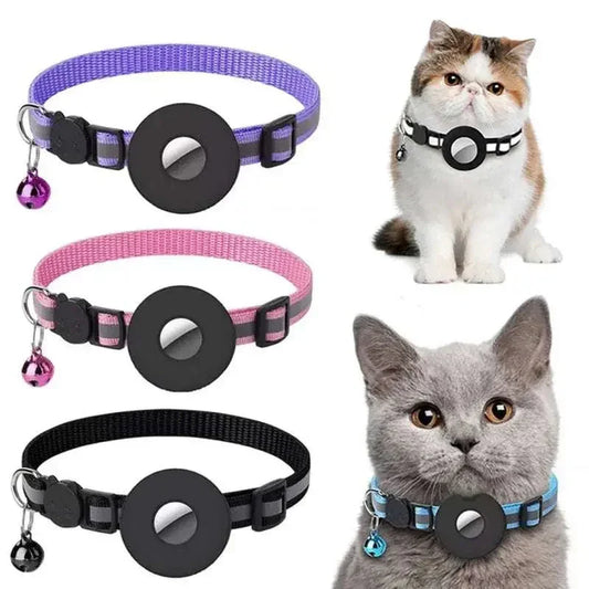 Reflective cat collars in various colors with a cat wearing a blue collar on a white background.