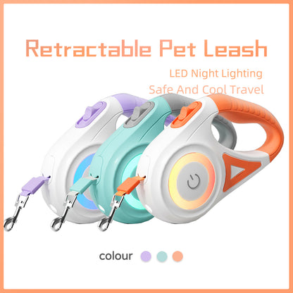 Retractable Dog Leashes with LED night lighting in various colors on a white background
