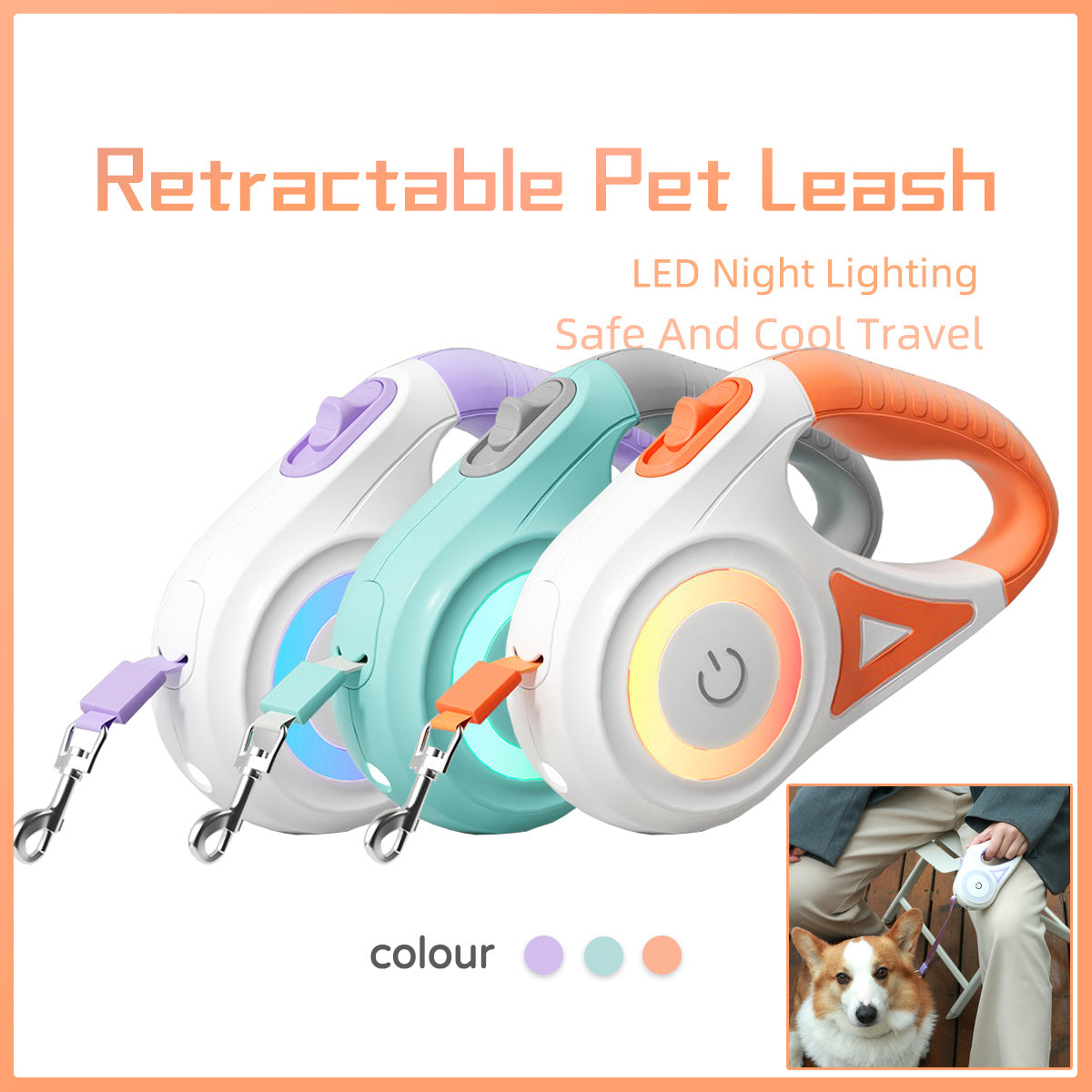 Retractable Pet leash with LED night lighting in multiple colors on a white backgrounds 