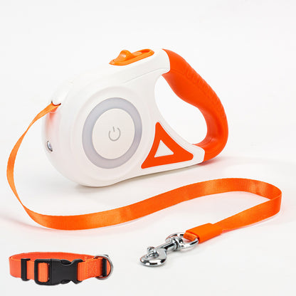 Retractable dog leash and collar set with orange and white design on a white background