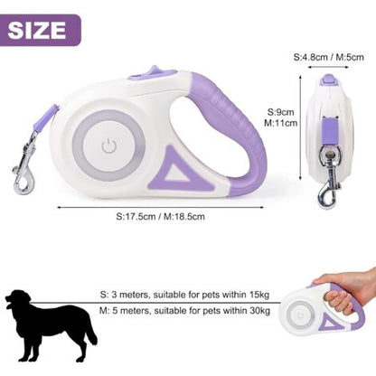 Retractable dog leash with measurements and usage information on a white background