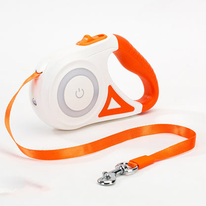 Retractable dog leash with white and orange design on a light background