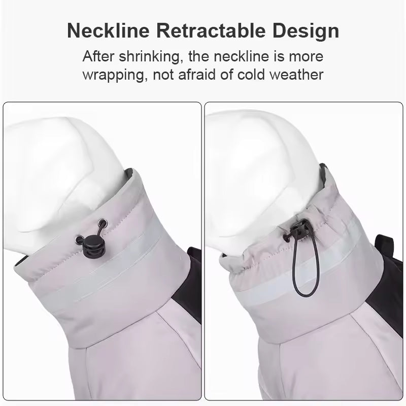 Retractable neck design of a jacket with text on shrinking and weather resistance.