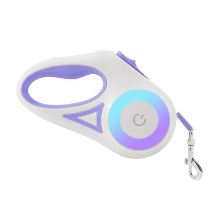 White and purple retractable dog leash with a power symbol on a white background