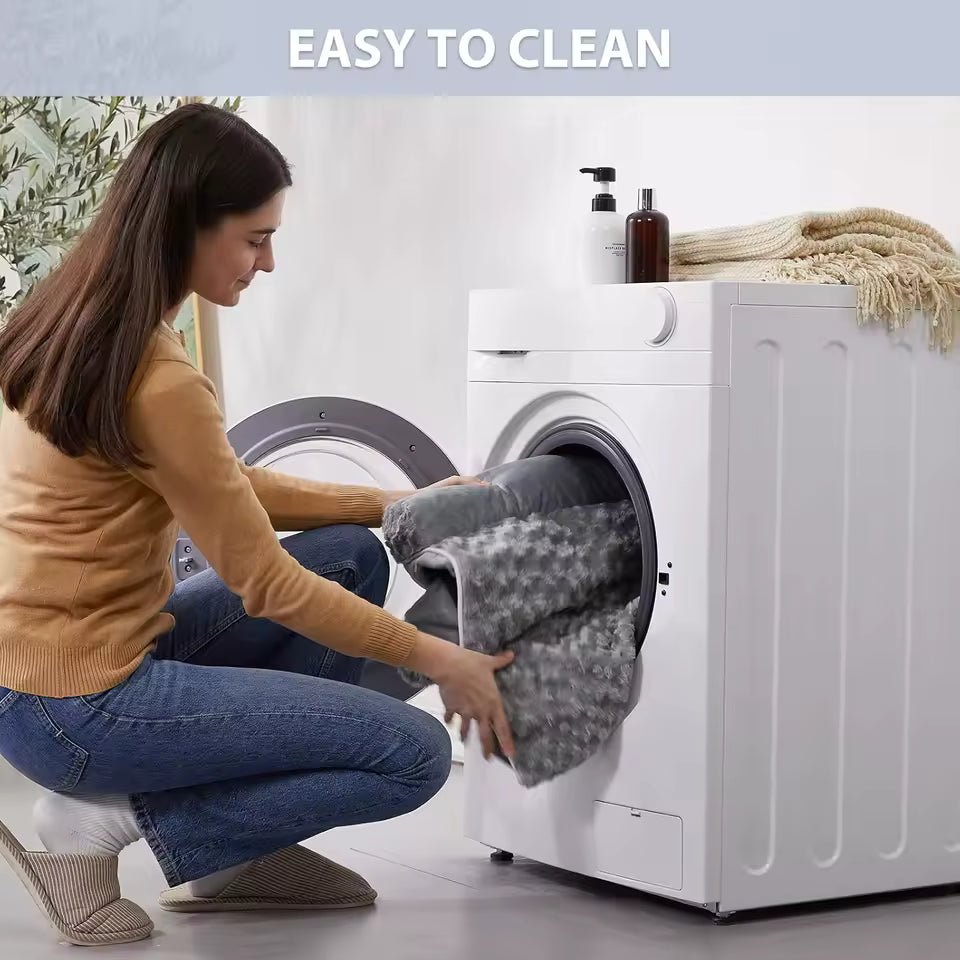 Woman loading a washing machine with text 'EASY TO CLEAN' above.