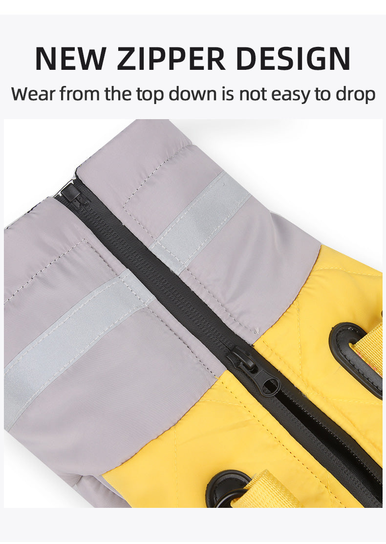 Yellow and gray dog jacket with a new zipper design on a white background