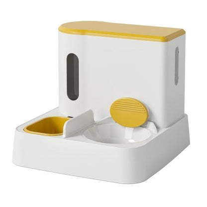 Pawssiblypets white and yellow automatic cat feeder with food dispenser and water bowl