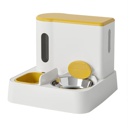 Pawssiblypets white and yellow automatic cat feeder with dual stainless steel and plastic bowls