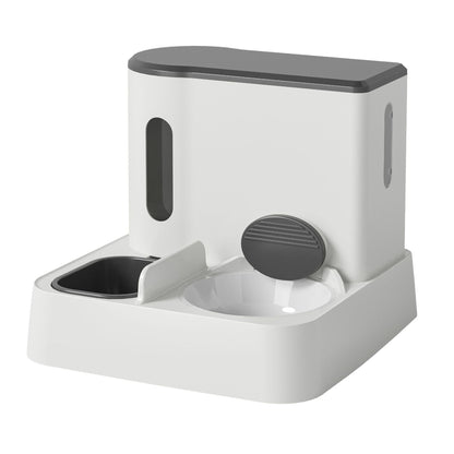 Pawssiblypets automatic cat feeder in white and gray with food and water bowls for pets