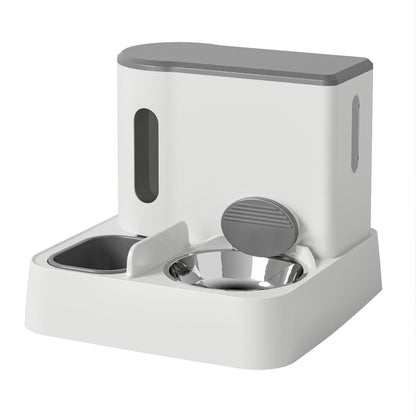 Pawssiblypets white and gray automatic cat feeder with stainless steel bowl and water compartment
