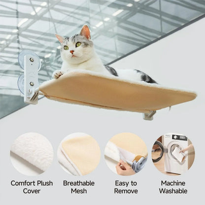 Cat sitting on beige Pawssibly Pets cat window perch with comfort plush cover and breathable mesh