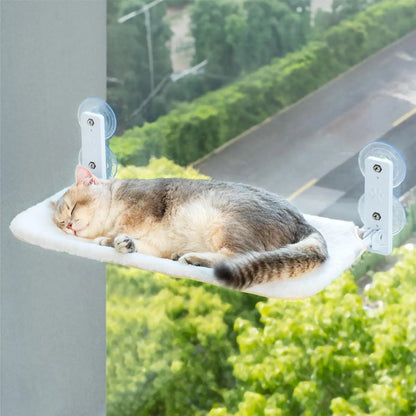 Pawssibly Pets cat window perch with soft cushion securely attached to a glass window supporting a sleeping cat