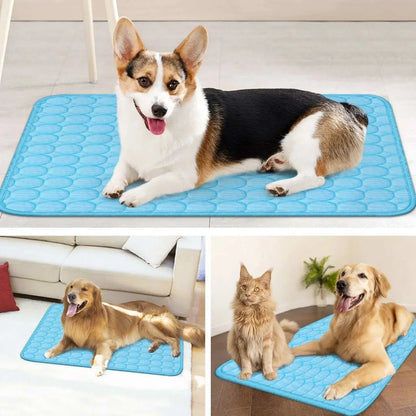 Pawssiblypets dog cooling mat in blue with dogs and a cat lying on it for grooming and hygiene