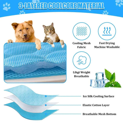 Pawssiblypets dog cooling mat with 3-layer Coolcore material featuring ice silk surface and breathable mesh