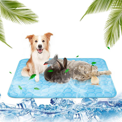 Pawssiblypets dog cooling mat with happy dog, rabbit, cat, bird, and chick resting on blue mat surrounded by ice and palm leaves