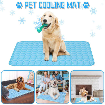 Golden retriever on blue dog cooling mat by Pawssiblypets with family and indoor use examples