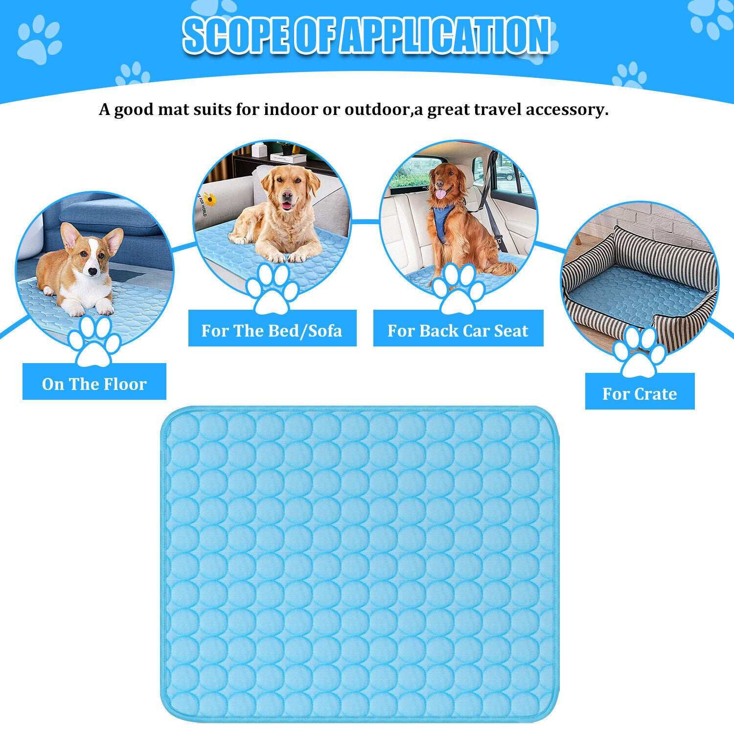 Pawssiblypets dog cooling mat in blue shown for use on floor, bed, car seat, and crate