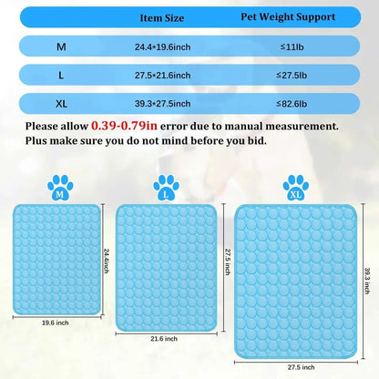 Pawssiblypets dog cooling mat in three sizes M L XL with dimensions and pet weight support chart