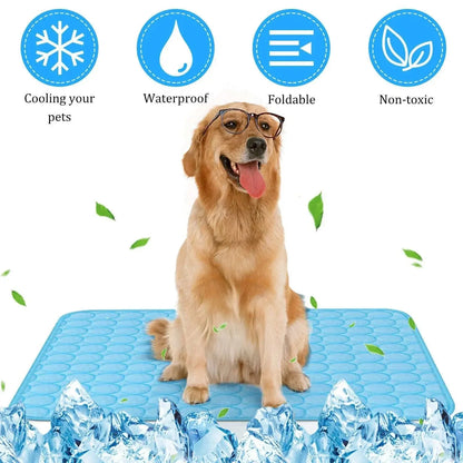 Golden retriever sitting on blue dog cooling mat with cooling, waterproof, foldable, non-toxic features