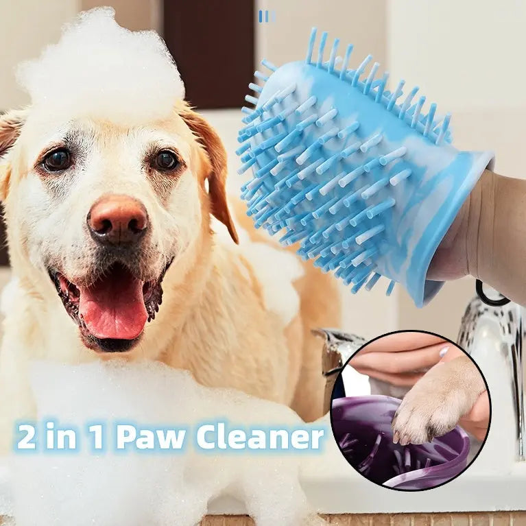 Pawssibly Pets blue dog paw cleaner glove with soft bristles holding a dog's paw for grooming