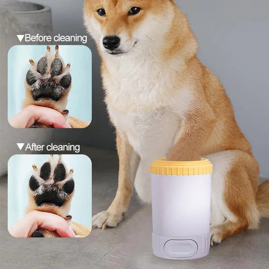 Dog paw cleaner cup by Pawssiblypets with before and after cleaning comparison on a dog paw